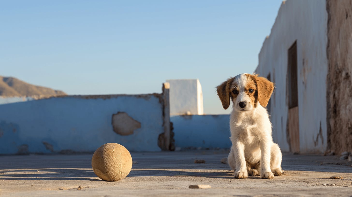 a brown dog with an unused ball, in the style of wim wenders, mediterranean-inspired