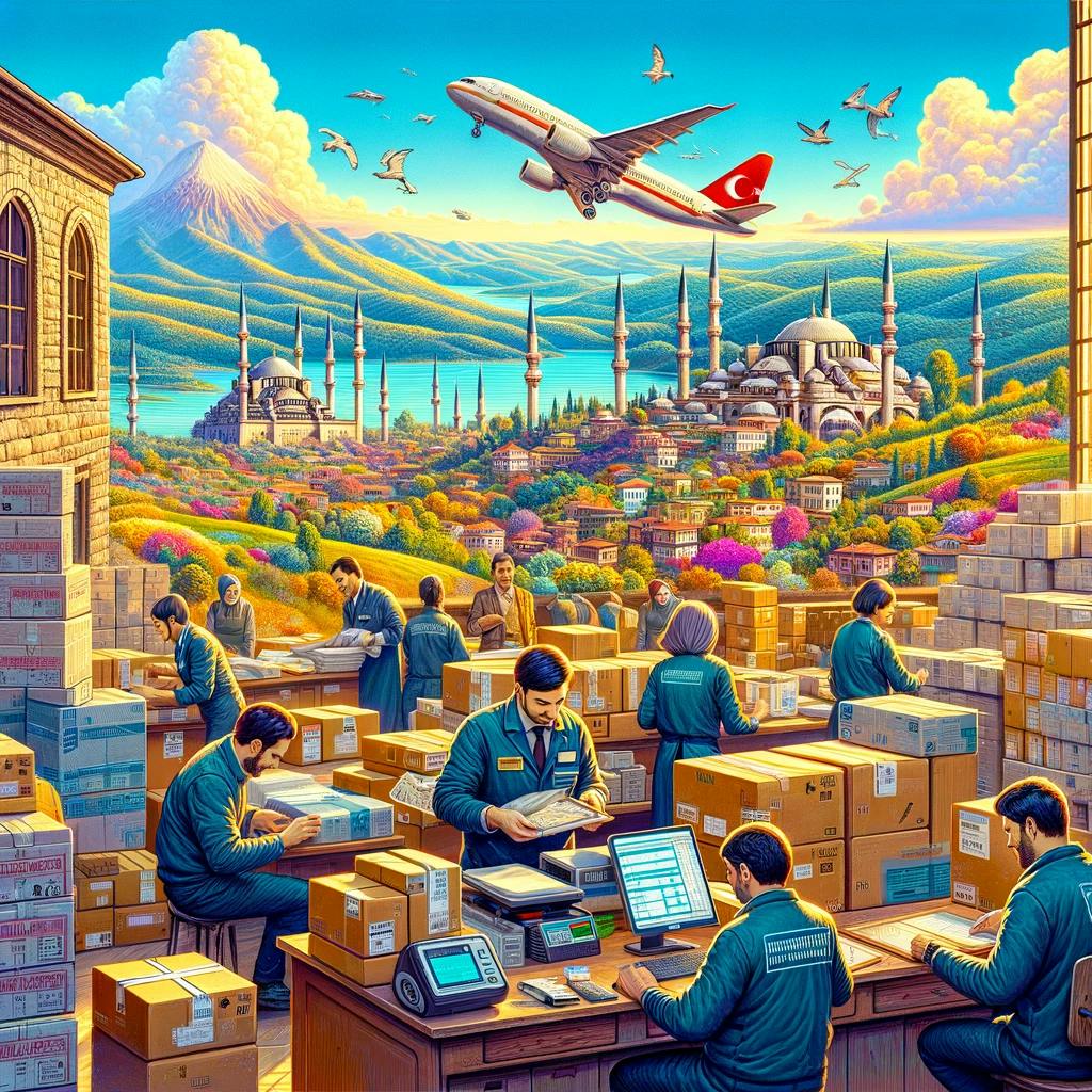 bustling Turkish shipping office in the foreground and a beautiful view of the Turkish landscape in the background
