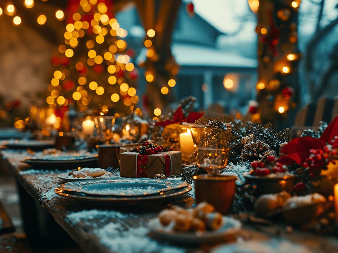  table set with candles and christmas lights, in the style of cold and detached atmosphere
