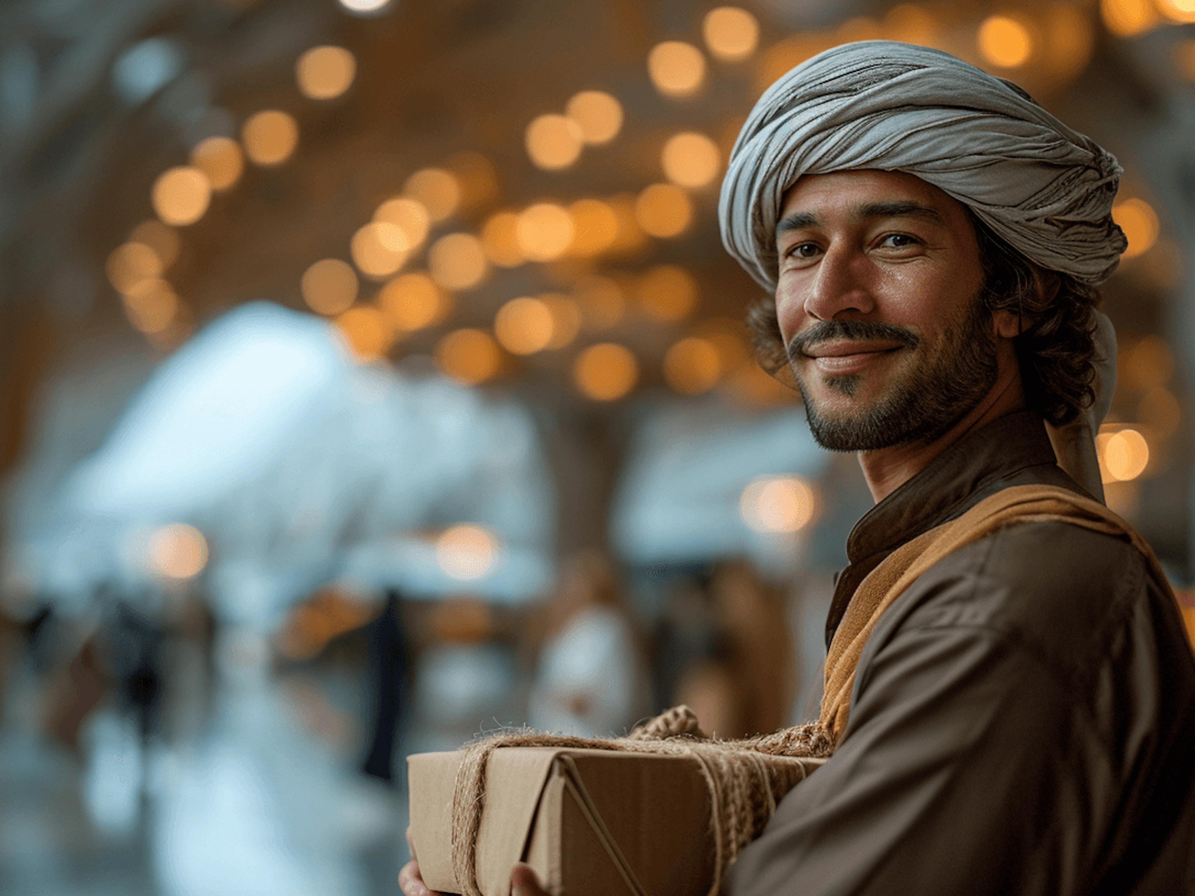 a man in an oriental cloth turban holding a box, in the style of bokeh, travel