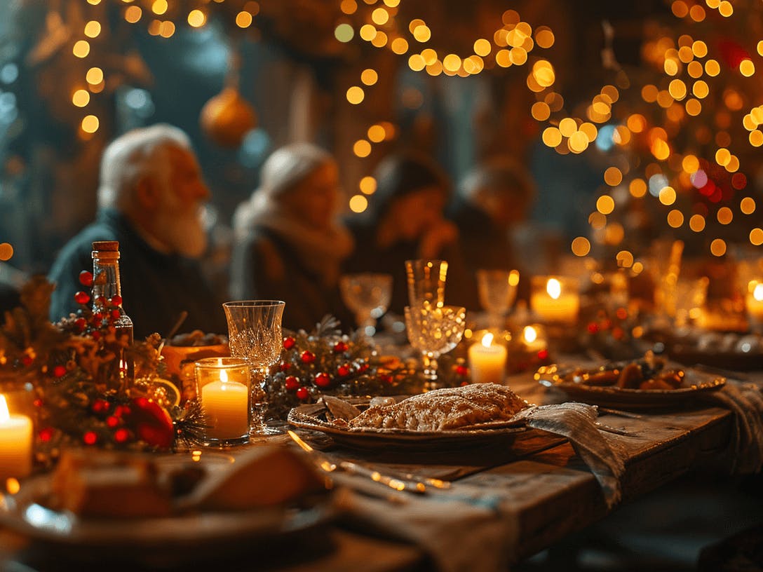 christmas dinner table with candles and lights, in the style of celebration of rural life