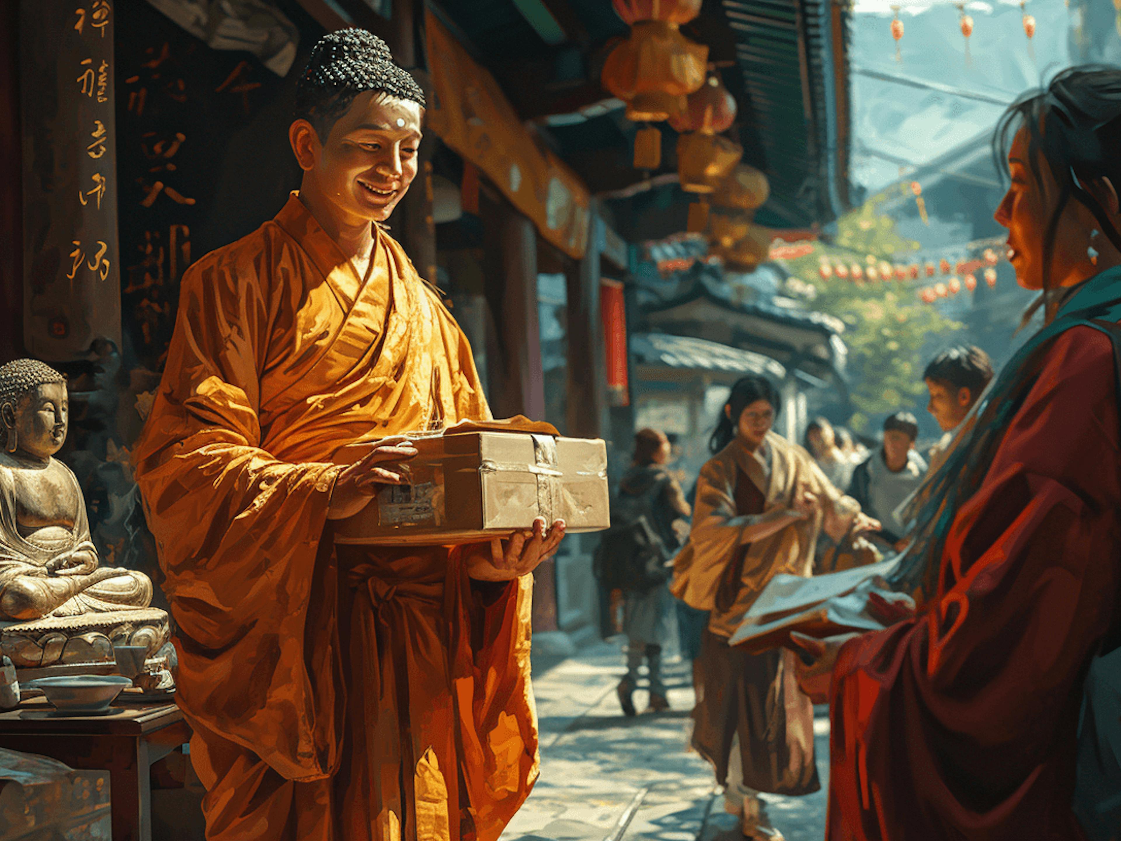 a buddha wearing an orange robe holding a package