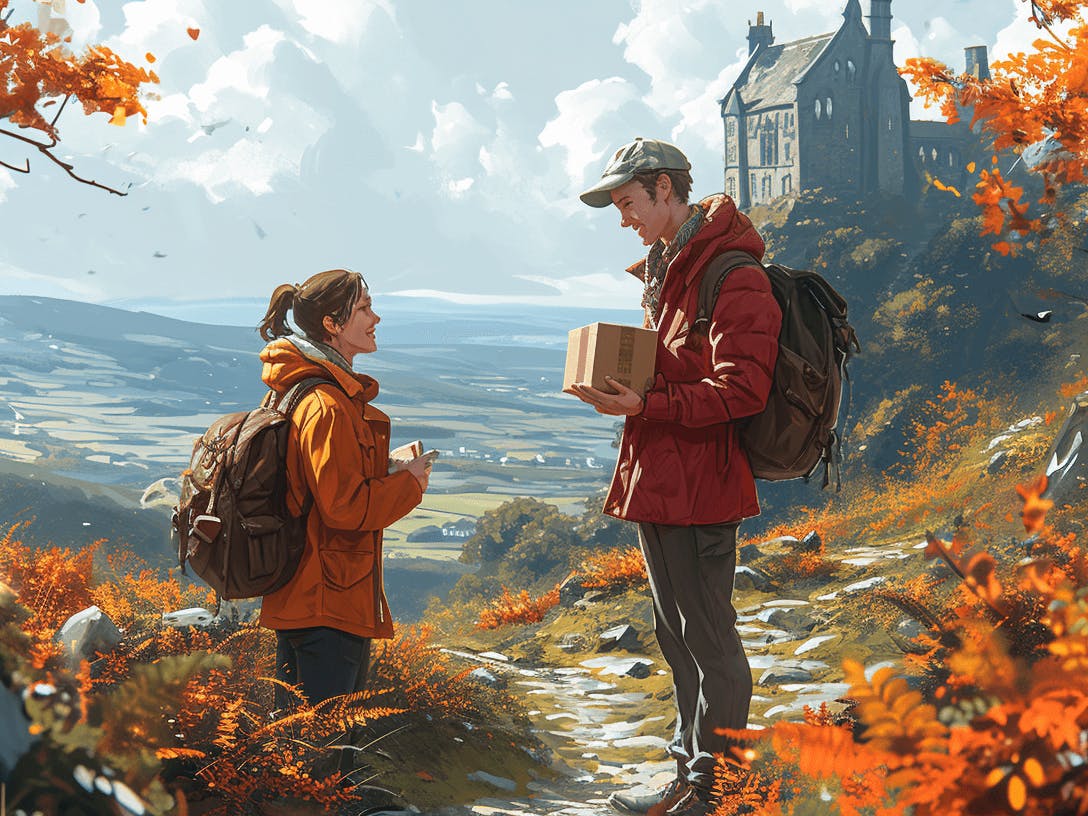 a picture of two people with backpacks, looking at a castle in the forest,