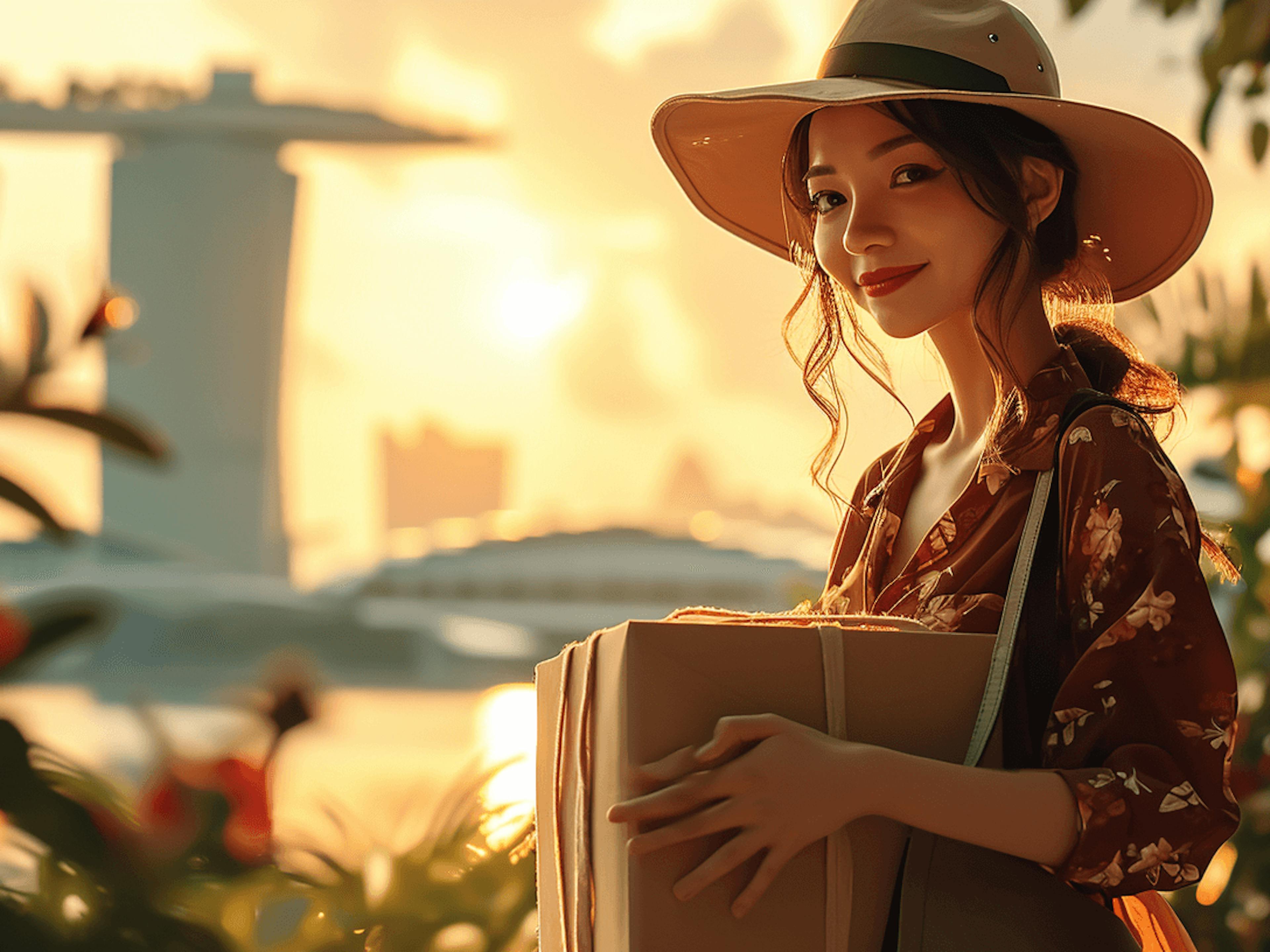 female traveler holding luggage at the sunrise at singapore