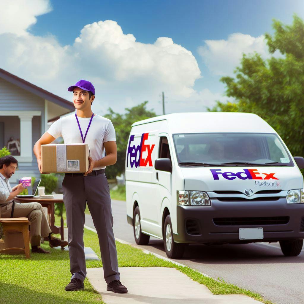 A FedEx worker completing a delivery. 