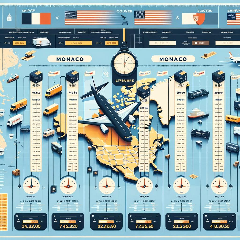 image of a schedule comparing the shipping timeframes of major courier companies for shipping items to Monaco from the US.