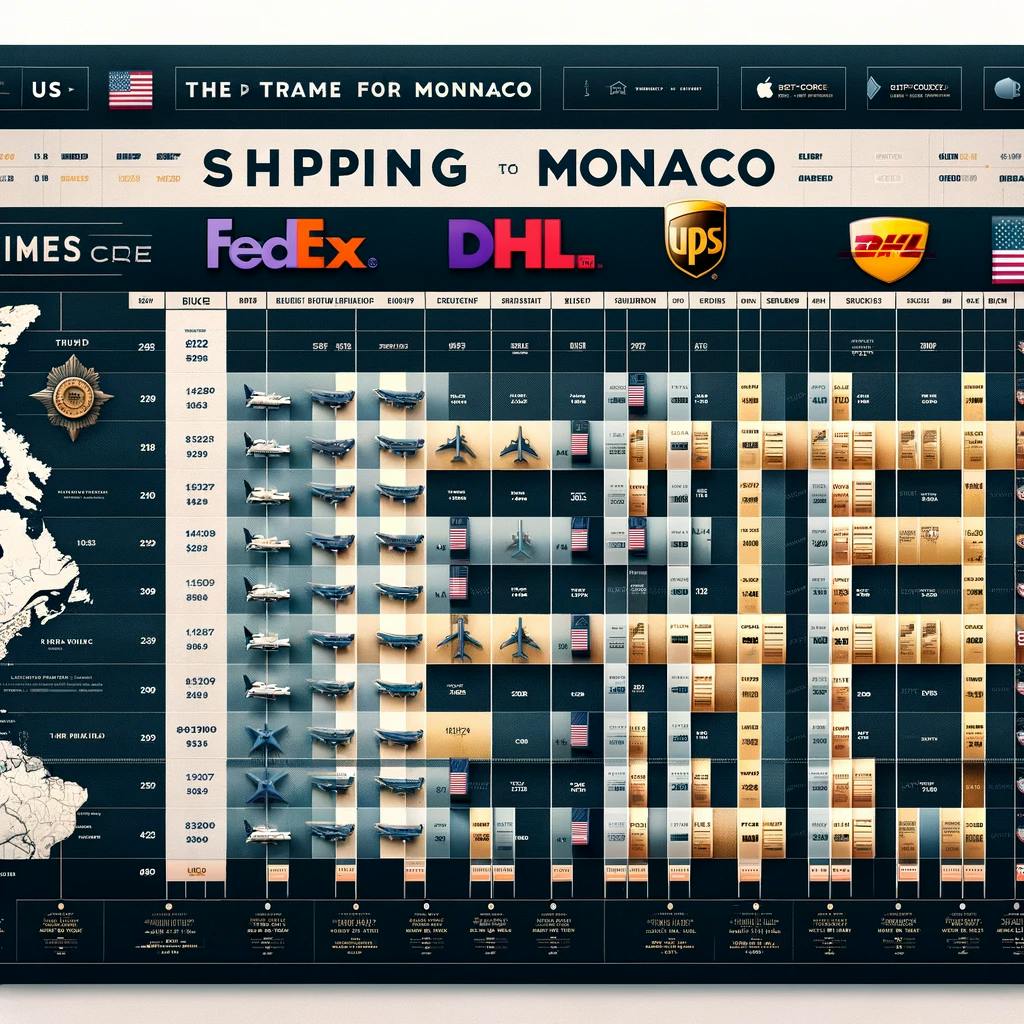 shipping timeframes of FedEx, DHL, UPS, and USPS for shipping items to Monaco from the US.