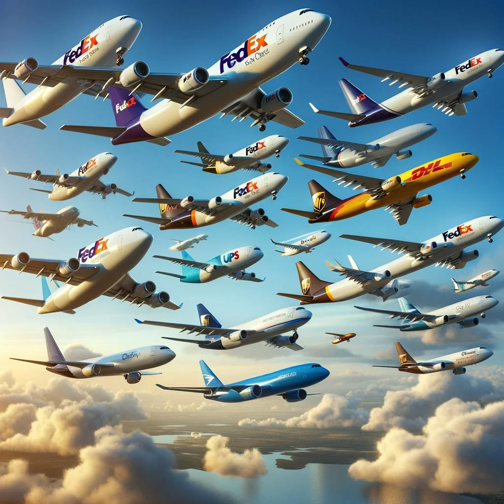 different courier company airplanes in the open sky. different courier company airplanes in the open sky.