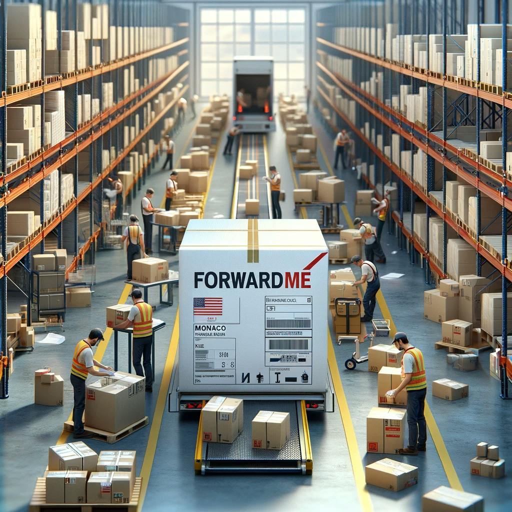 a package being prepared in the Forwardme warehouse for international shipping to Monaco. a package being prepared in the Forwardme warehouse for international shipping to Monaco.