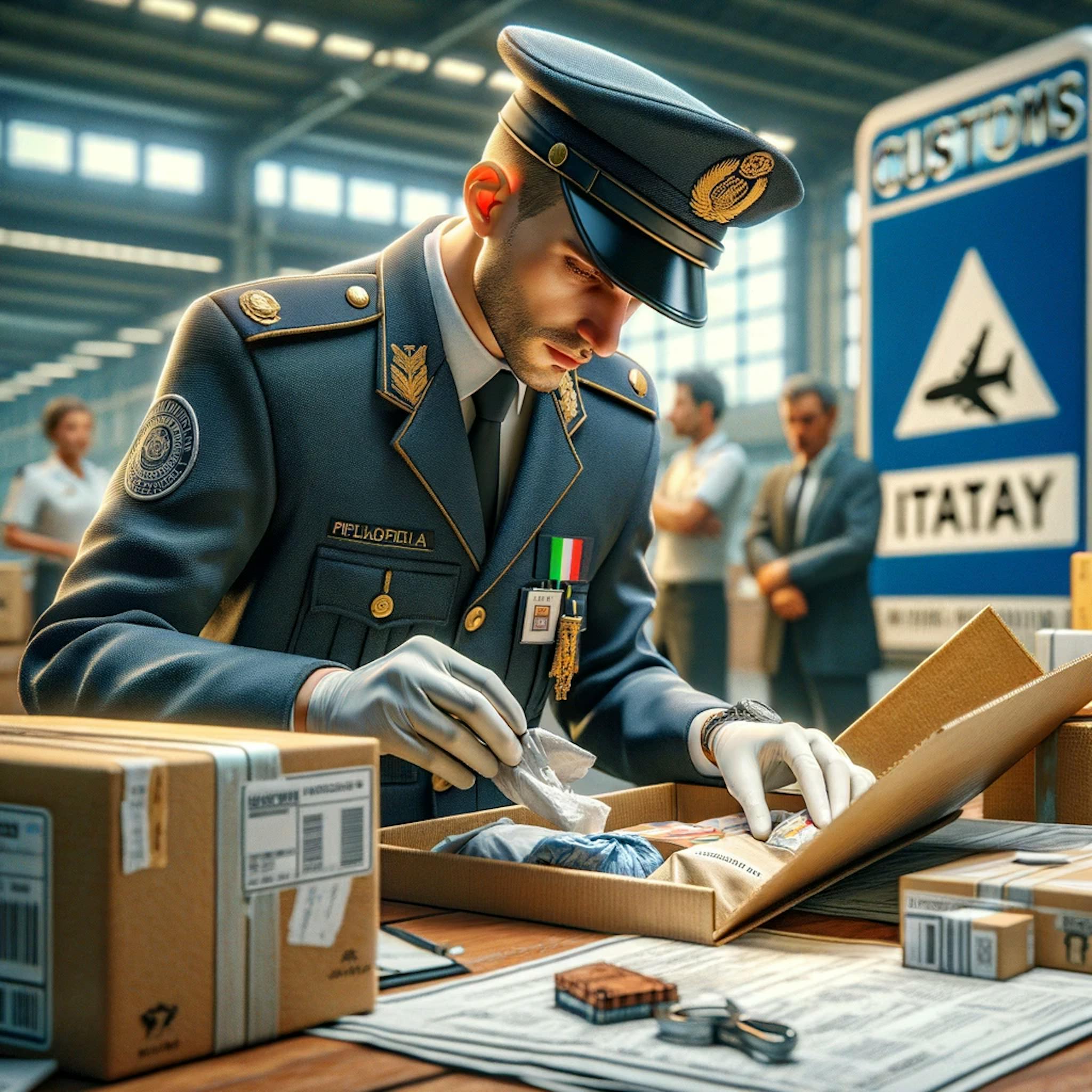 A customs officer inspecting a package that has been delivered to Italy. 