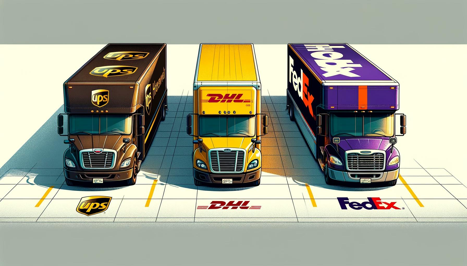 UPS, DHL and FedEx trucks side by side for comparison. 