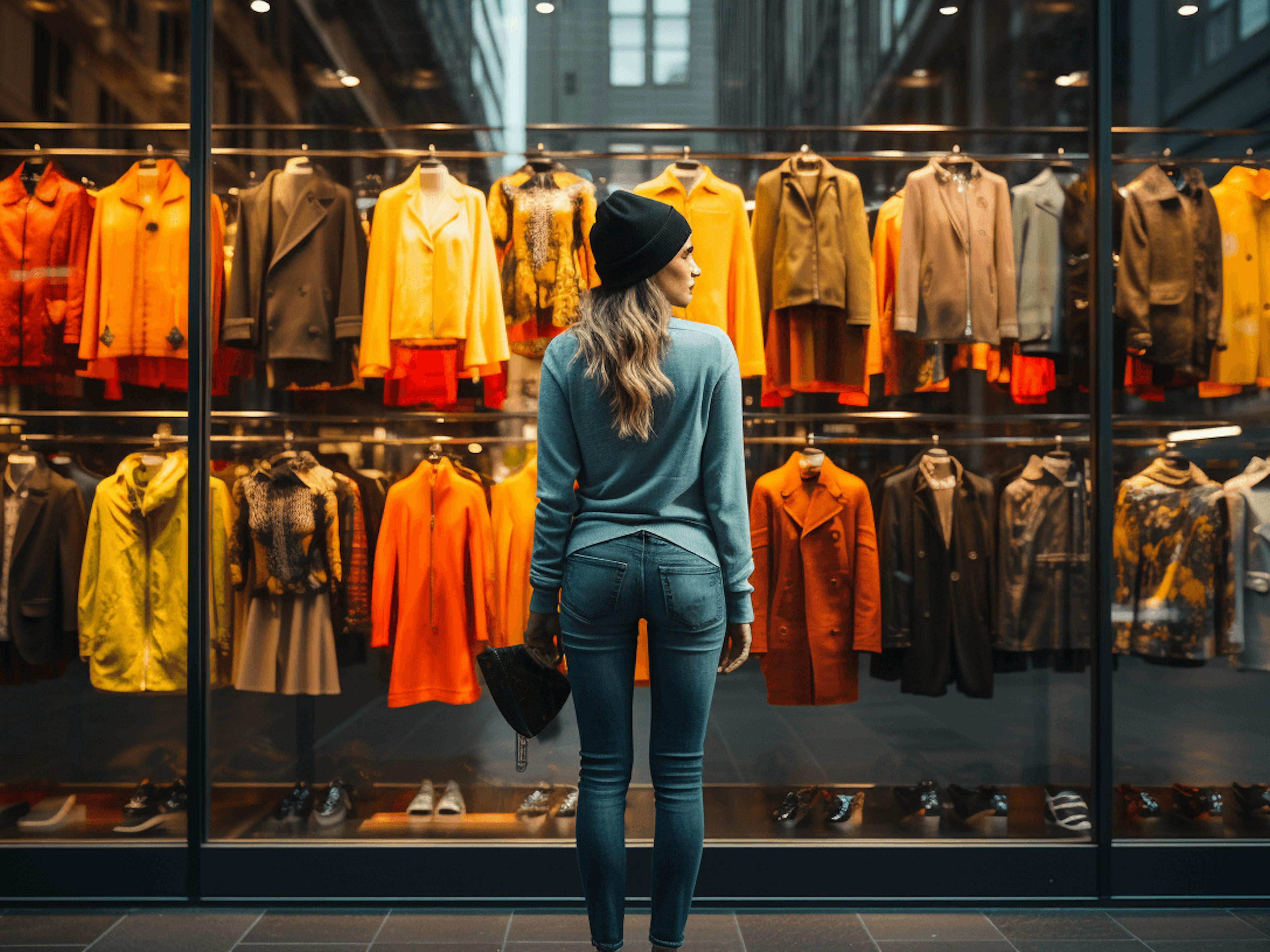 bir kadın moda dükkanı önünde sarı ve turuncu renk ağırlıklı ürünlere göz atıyor