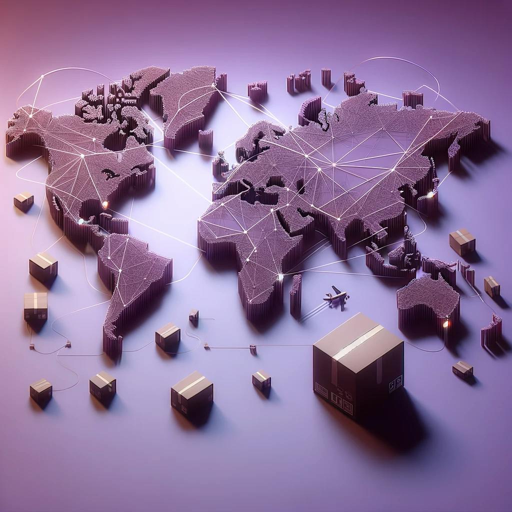 world map with interconnected lines representing global shipping routes and small, geometrically shaped packages scattered across the map. world map with interconnected lines representing global shipping routes and small, geometrically shaped packages scattered across the map.