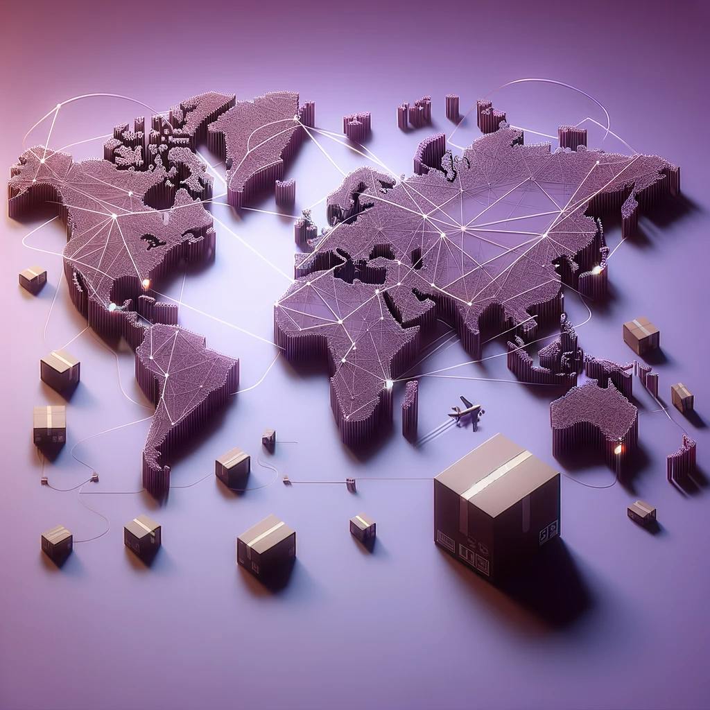  world map with interconnected lines representing global shipping routes and small, geometrically shaped packages scattered across the map.