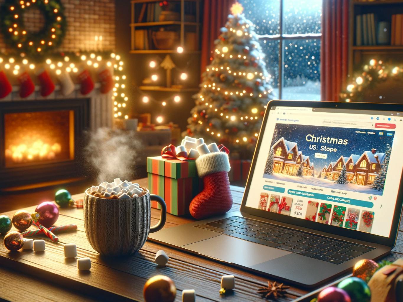 depicting online shopping for Christmas from US-based stores in a realistic home office setting