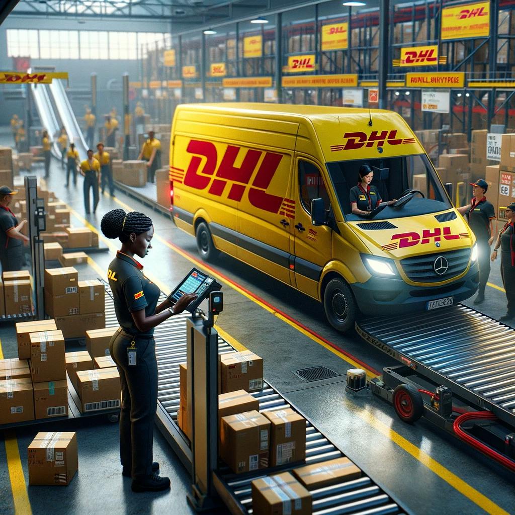 a scene centered on DHL courier services in a shipping hub.
