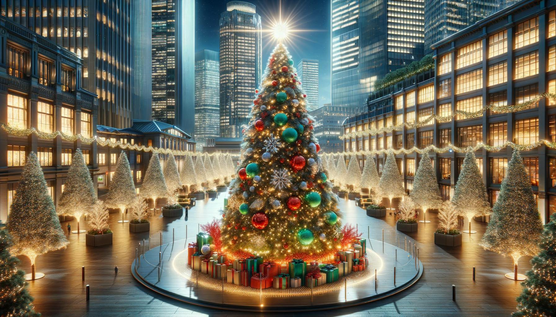 a Christmas tree with decorations in an urban setting. Enjoy the festive urban atmosphere!