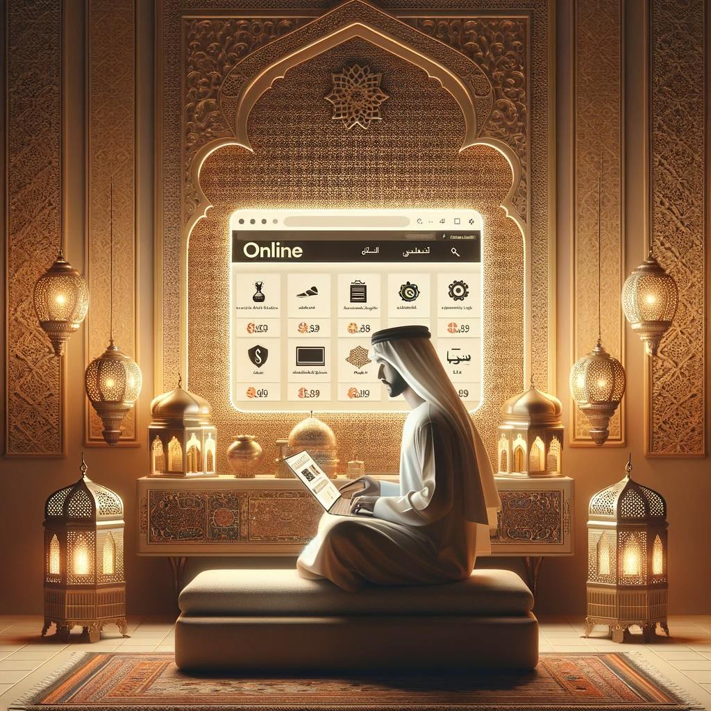 person finding online deals, sales, and discounts, set against a minimalist and realistic Arabic-themed background person finding online deals, sales, and discounts, set against a minimalist and realistic Arabic-themed background