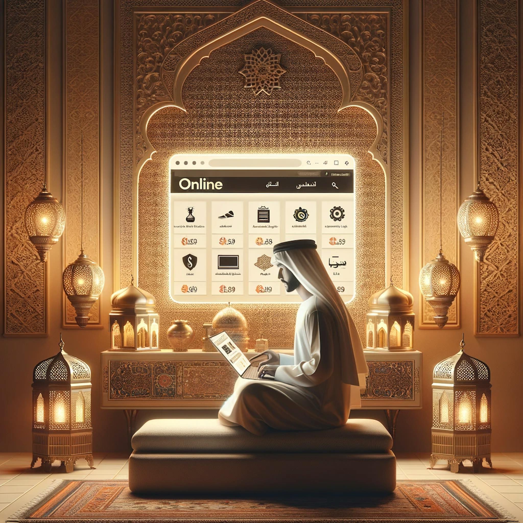  person finding online deals, sales, and discounts, set against a minimalist and realistic Arabic-themed background