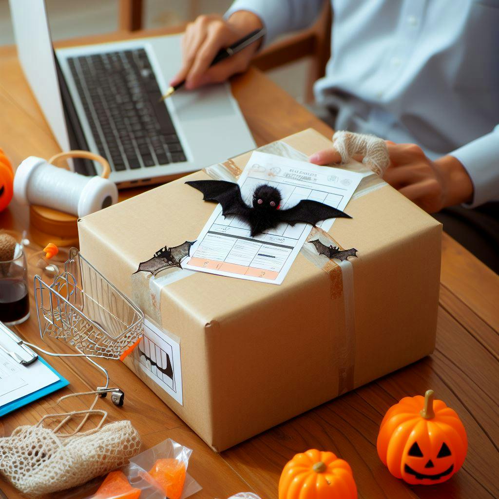 A package being prepared to be shipped internationally to ship in Halloween theme. A package being prepared to be shipped internationally to ship in Halloween theme.