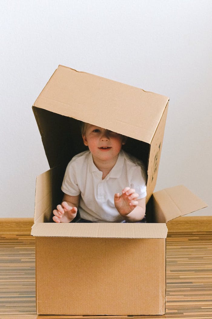 A child in a shipping box, happy with what package can bring. 