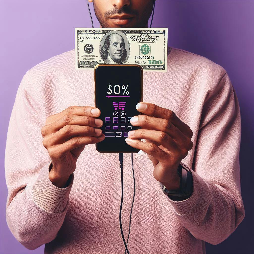 A person holding a phone attached $100 bill on the phone. 