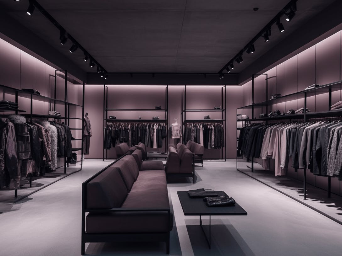 luxury clothing and accessories displayed on clean and modern racks and shelves, with a smooth concrete floor and floor-to-ceiling windows that allow natural light to filter into the space