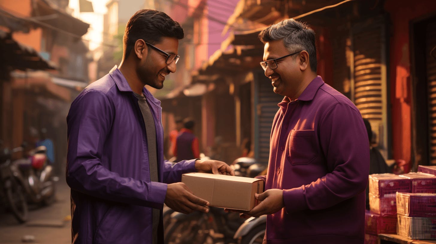 a man in a purple shirt handing one of his packages to another man