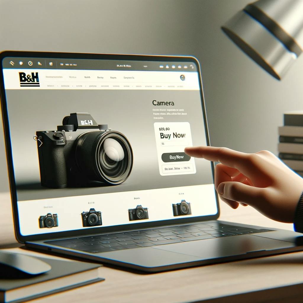 someone purchasing a camera from B&H Photo, a US store, online. someone purchasing a camera from B&H Photo, a US store, online.