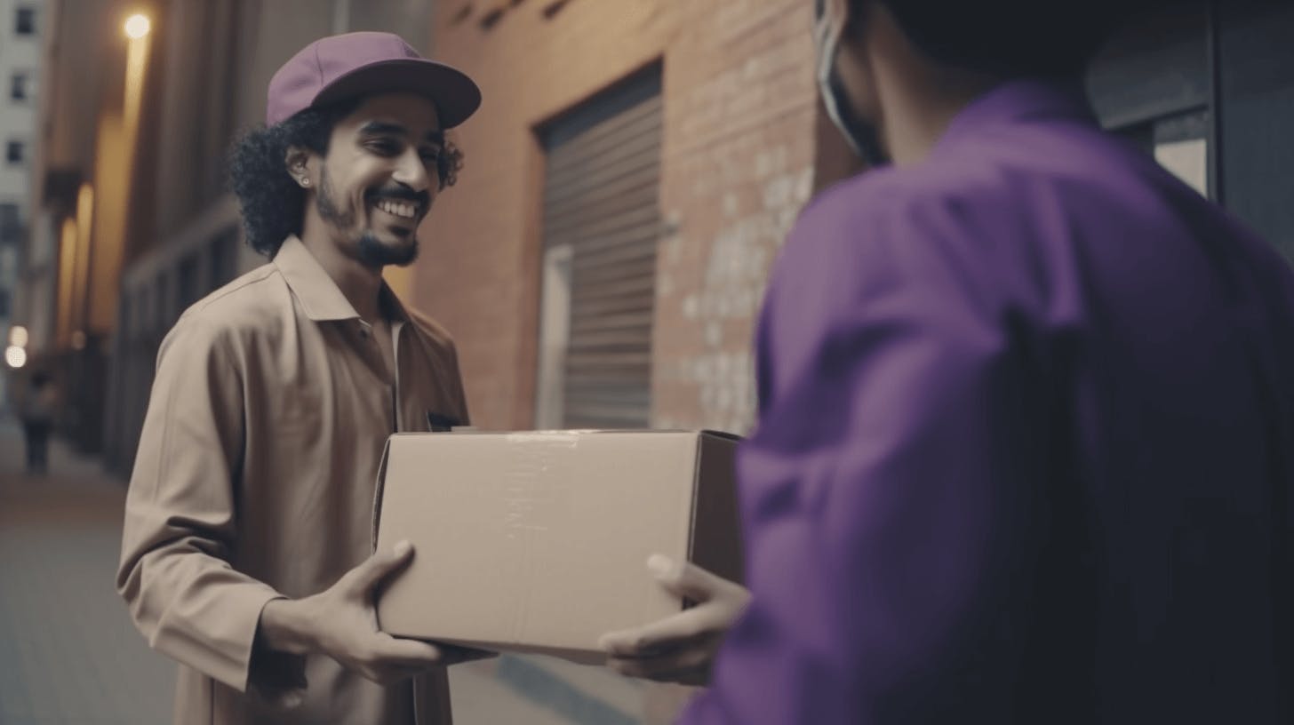 two men in an urban area delivering packages