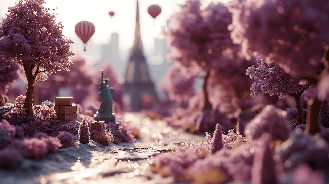 Miniaturen des Eiffelturms und eines lila Waldes, im Stil von Photobashing