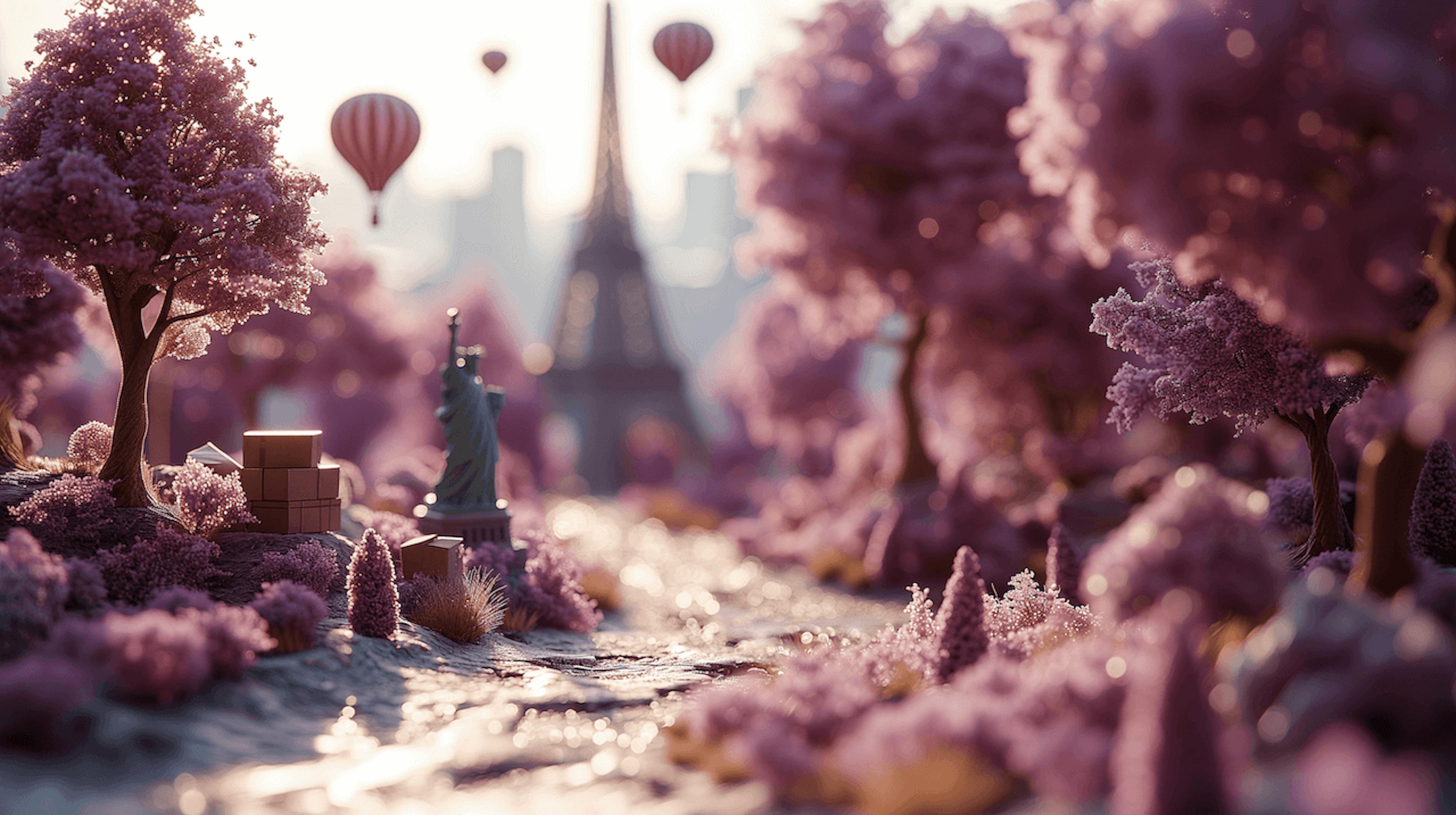 miniatures of Eiffel tower and a purple forest, in the style of Photobashing