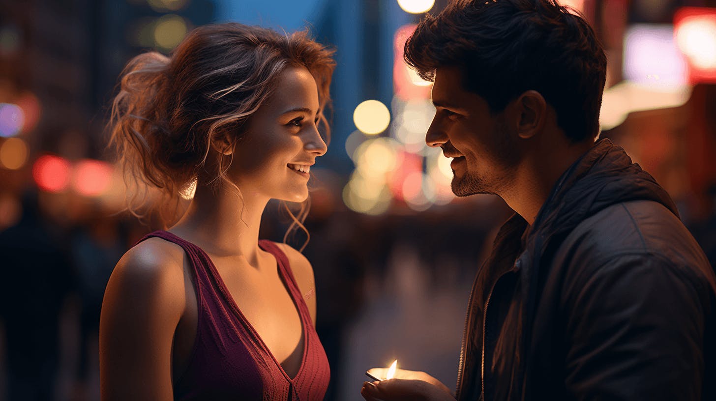 a man and woman looking at each other while holding a candle in the dark