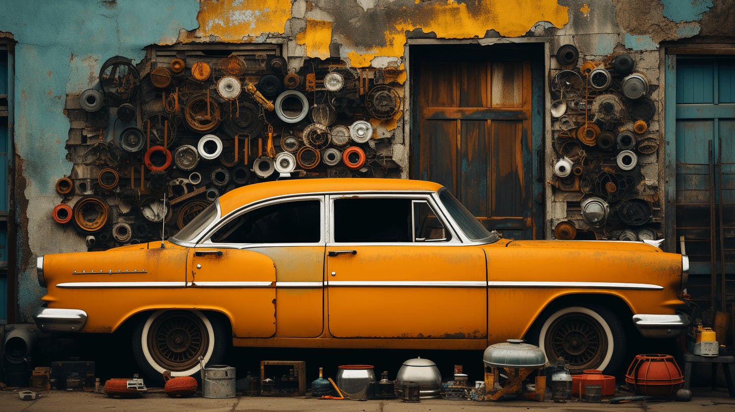 a yellow car in the mechanic