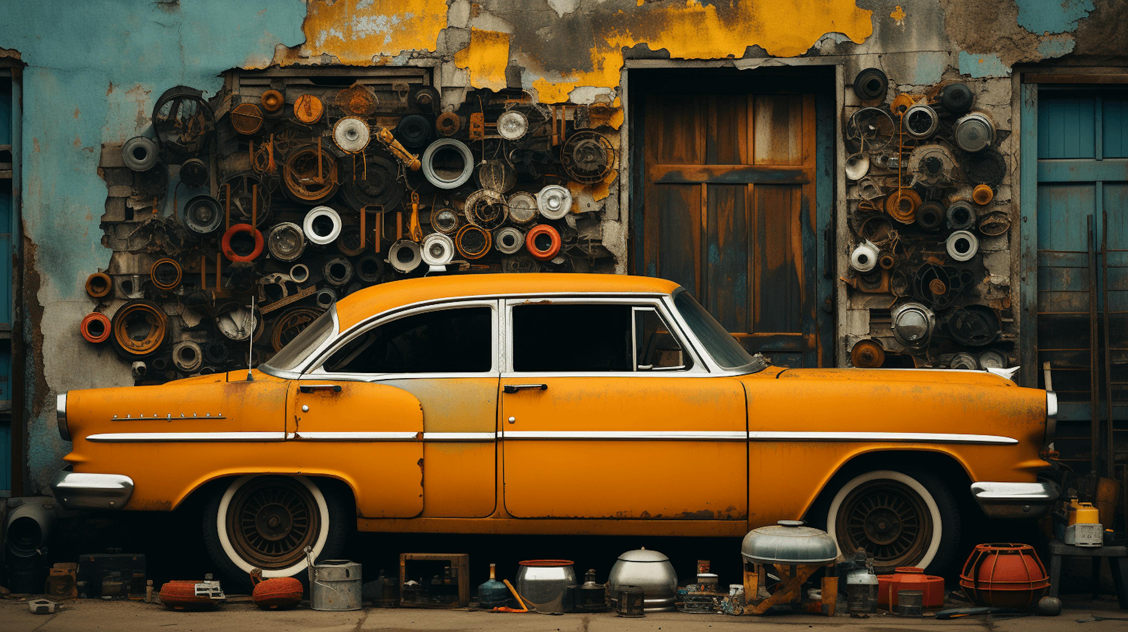 a yellow car in the mechanic