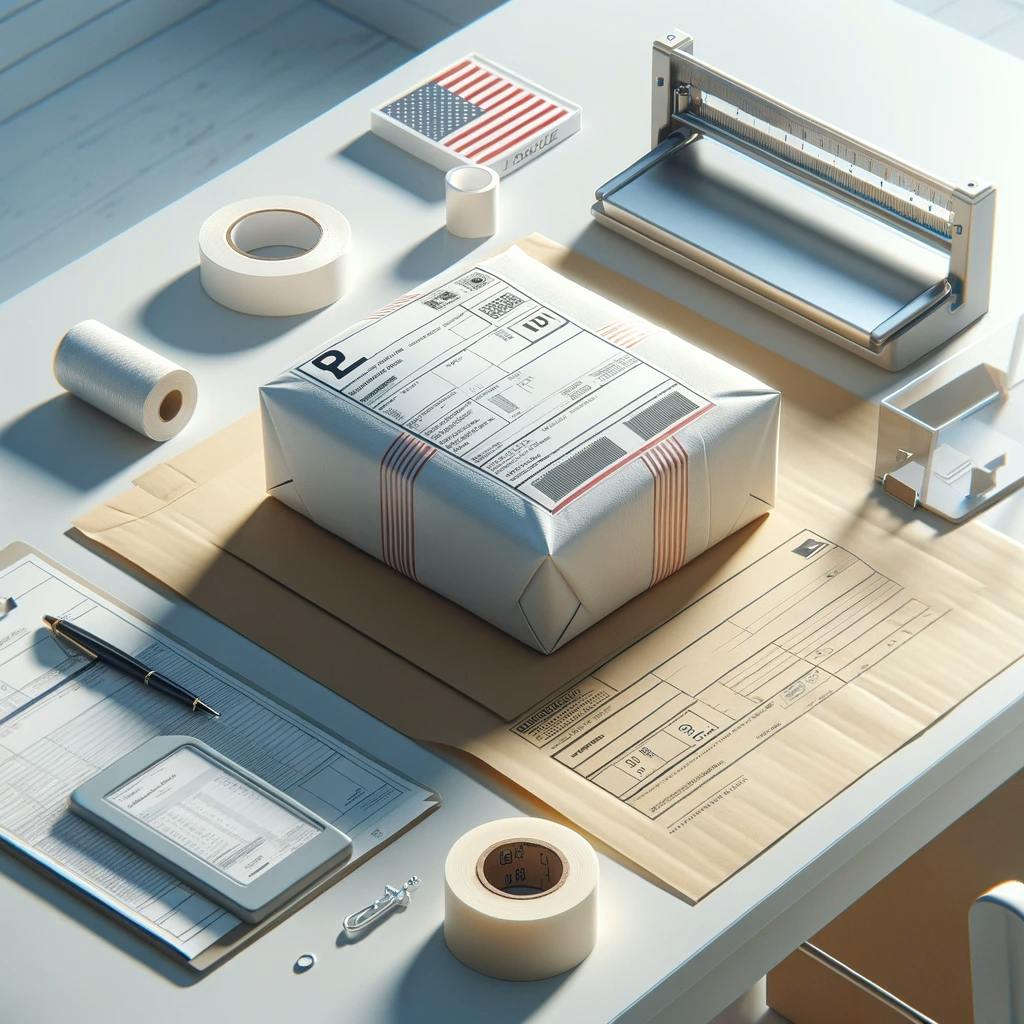 minimalist and realistic scene of a package being prepared for international shipping from the United States