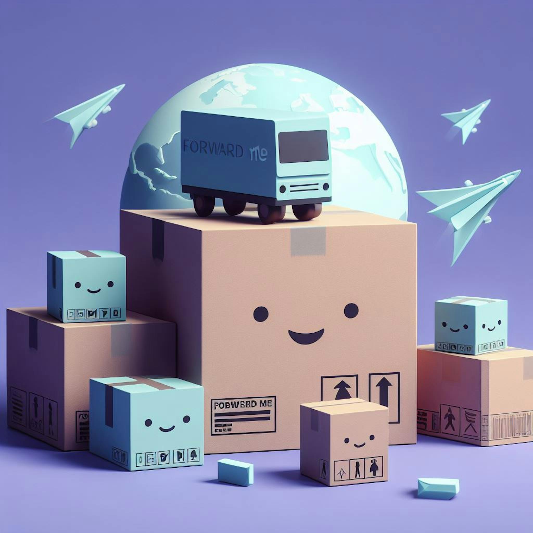 A lot of shipping packages piled up in a purple background with 3 planes. 
