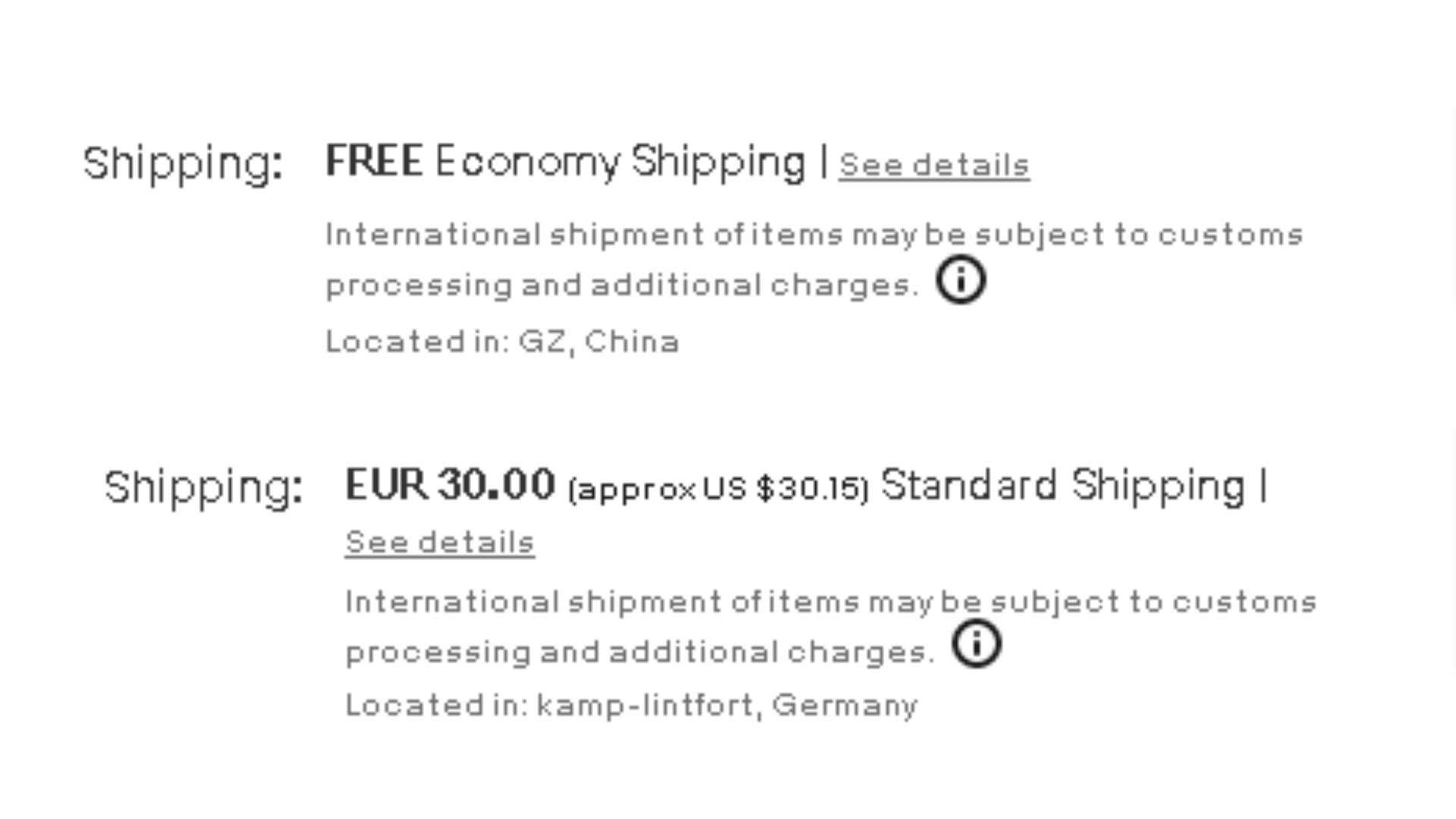 Shipping options from eBay