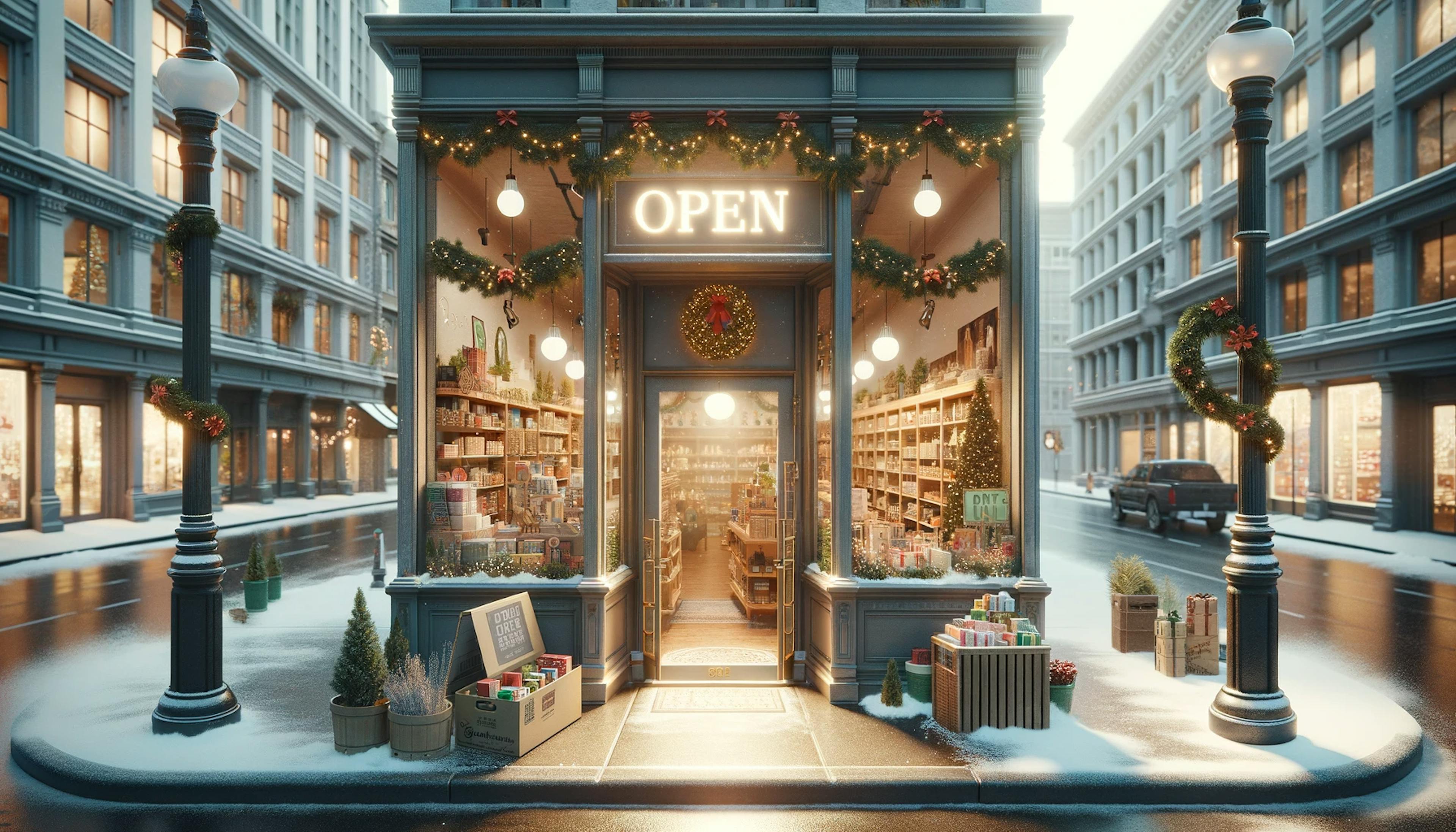 an open store on Christmas Day in an urban setting. Explore the festive environment of the store and its surroundings