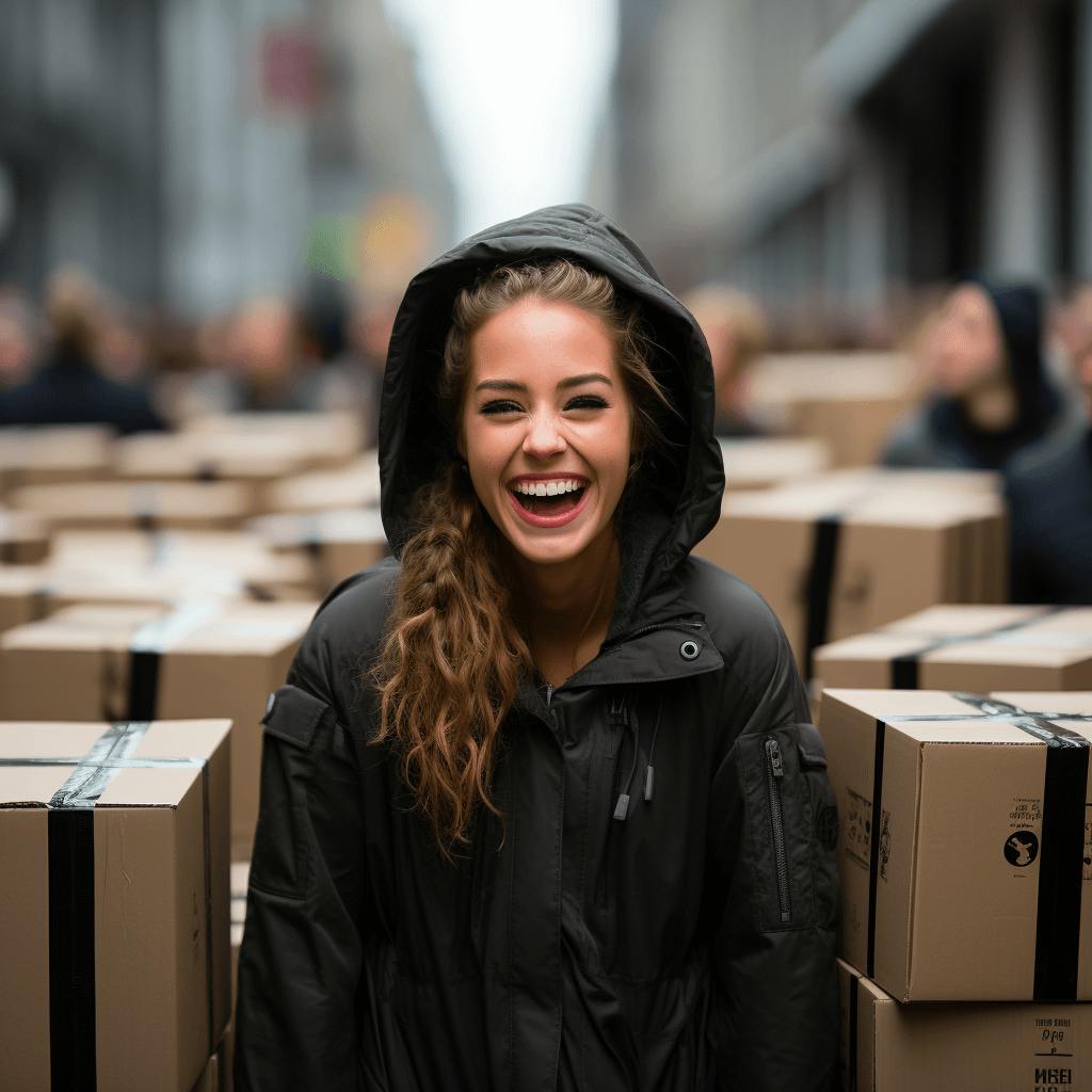 smiling woman standing near large groups of boxes smiling woman standing near large groups of boxes