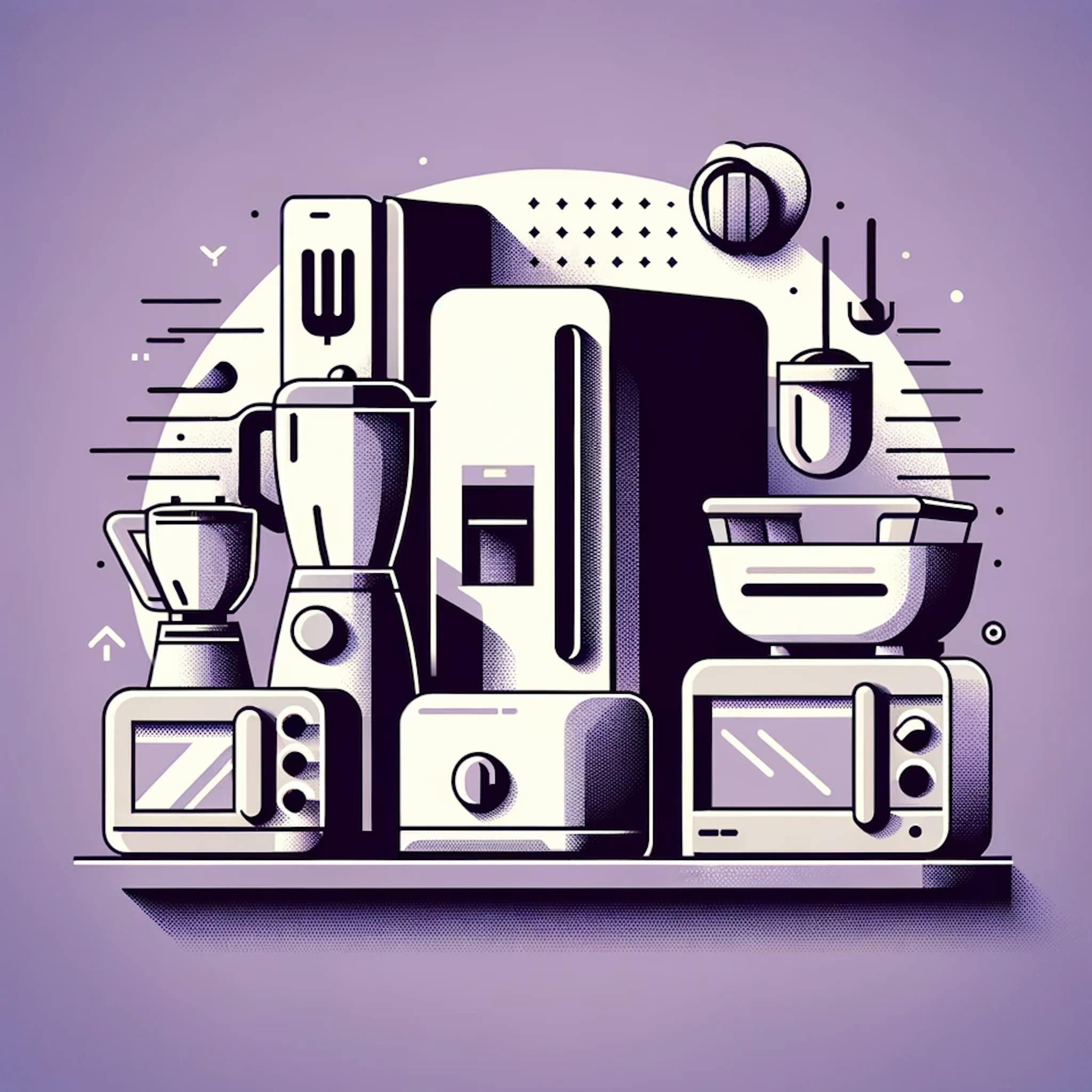 icons of various kitchen appliances like a blender, a toaster, a microwave, and a refrigerator