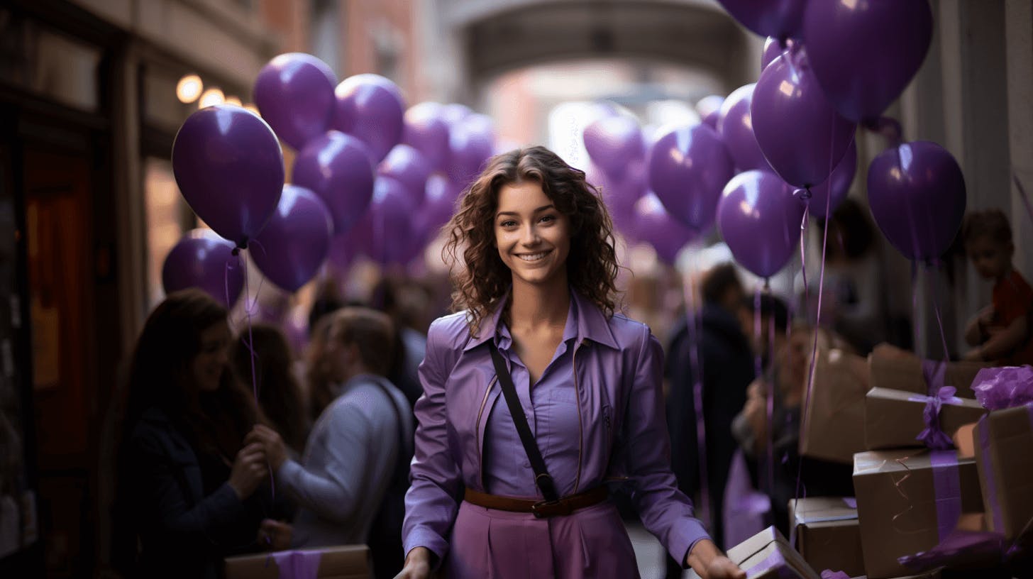 girl holding purple balloons and smiling down at people