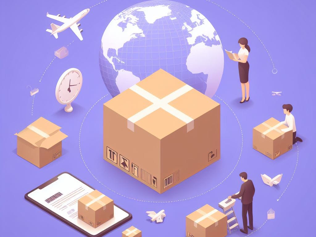 A shipping box in the middle of image, world behind, shipping box around, people around it. 