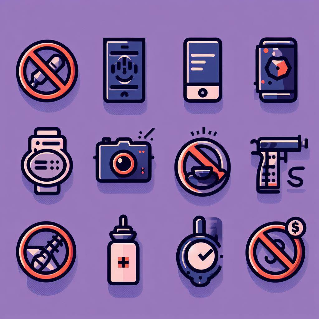 Different kinds of items listed on a background to show restricted, prohibited items to ship. 