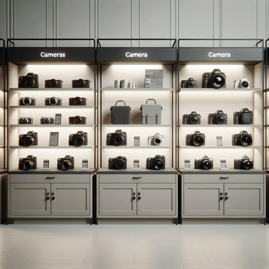 minimalist and realistic view of a camera store displaying various types of cameras.