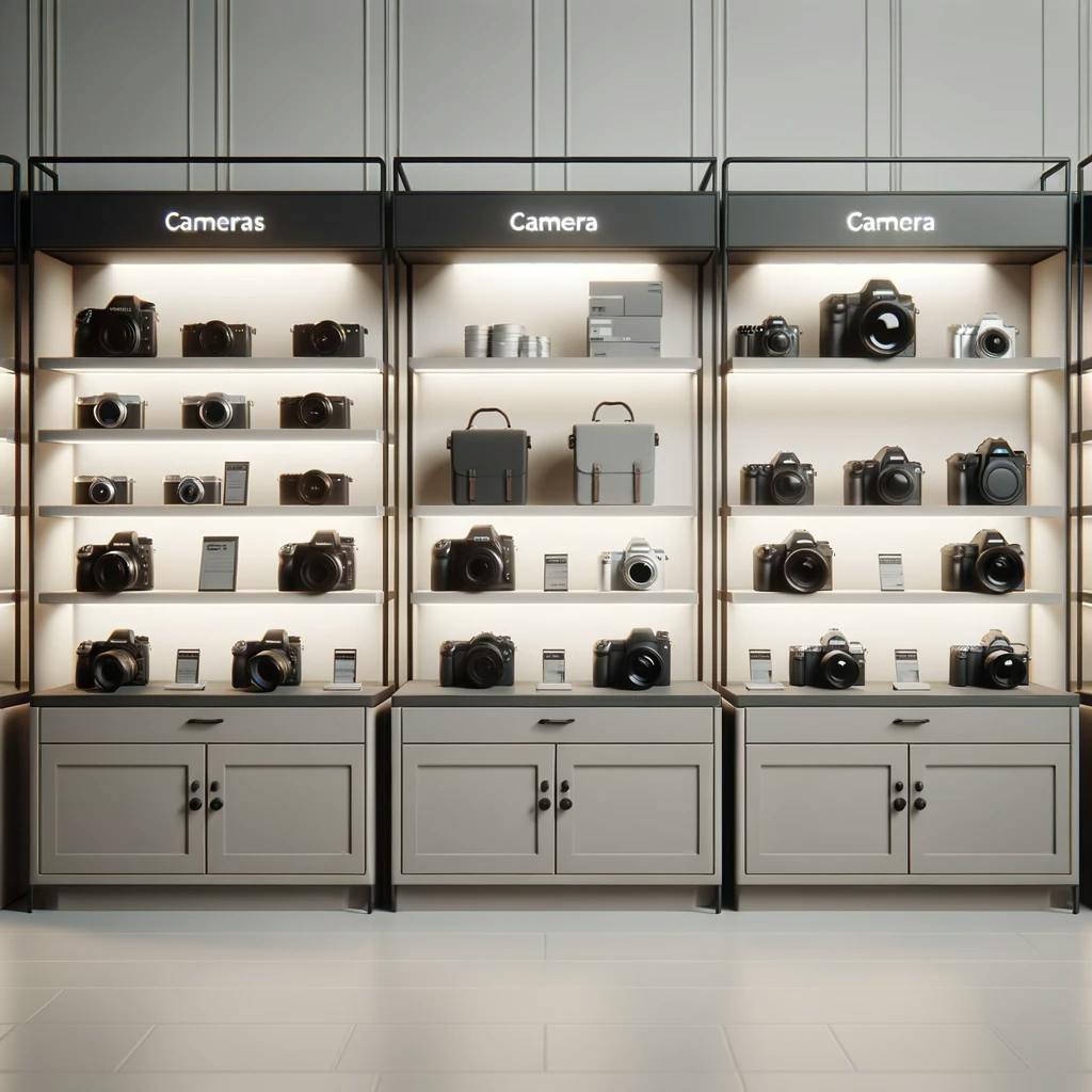 minimalist and realistic view of a camera store displaying various types of cameras. minimalist and realistic view of a camera store displaying various types of cameras.