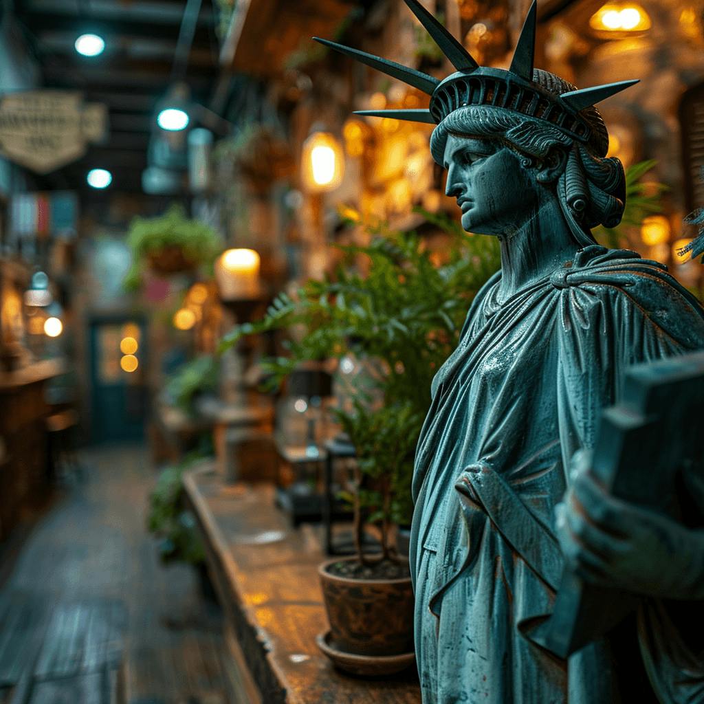 Statue of Liberty nahe einem Bücherregal über einer weiteren Statue eines bücherliebenden Mädchens