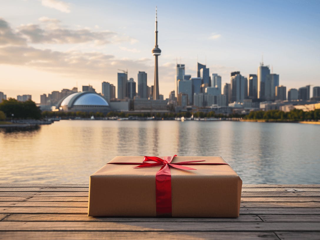 a gift wrapped by a lake with the skyline behind in Toronto