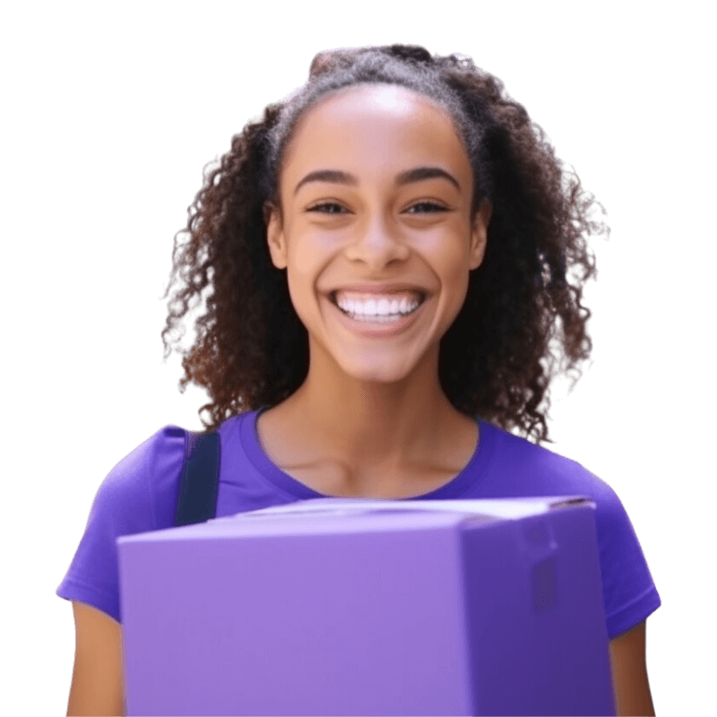 smiling girl carrying a purple box, in the style of progressive academia, advertisement inspired, hyper-realistic