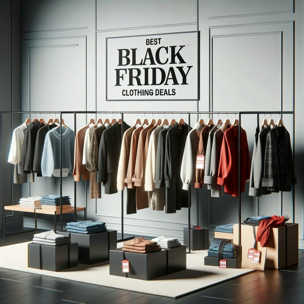 featuring various clothing items on display in a modern fashion retail setting.